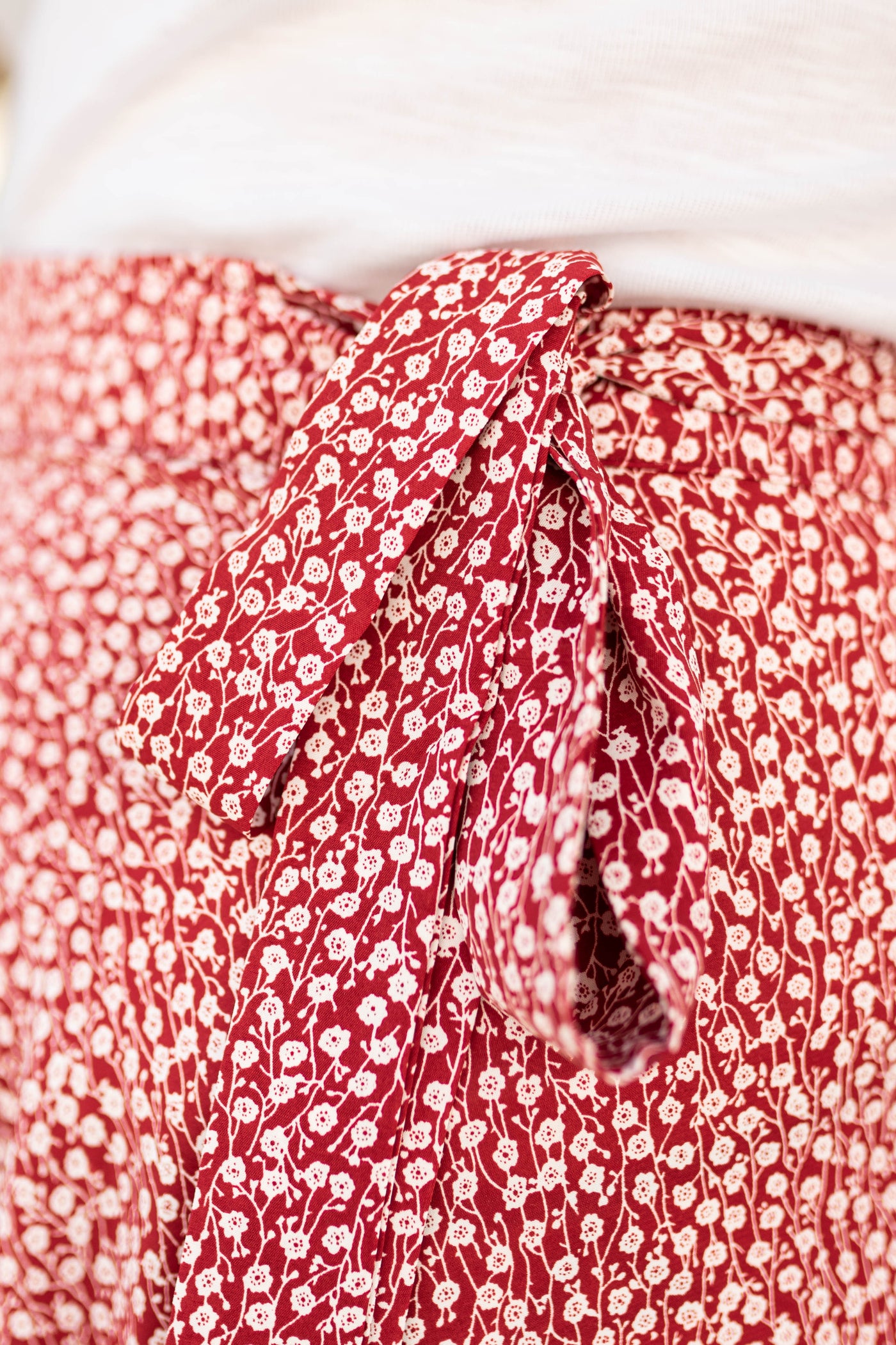Red wrap skirt with tie at waist