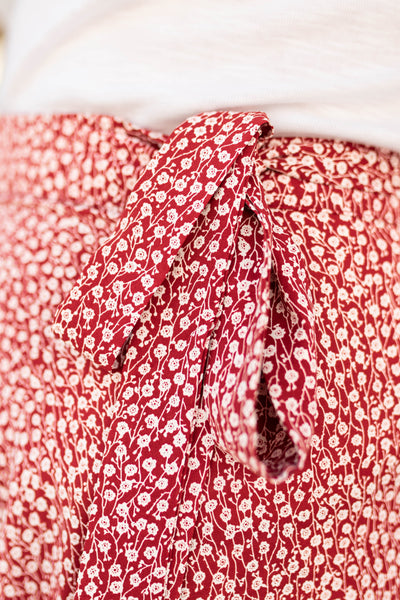 Red wrap skirt with tie at waist