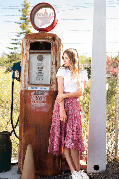 Red wrap skirt with ruffle