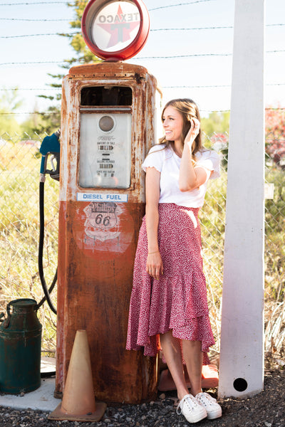 Red wrap skirt that ties at the waist