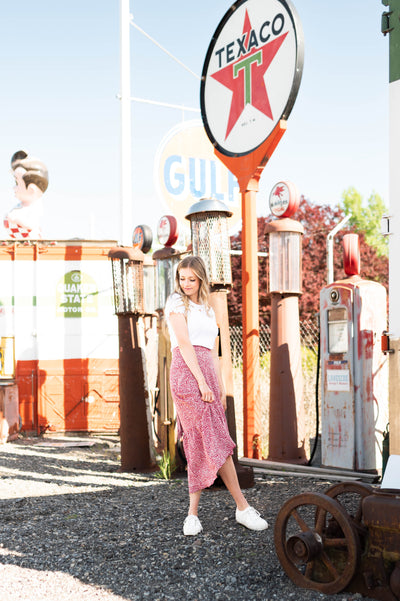 Side view of a red wrap skirt