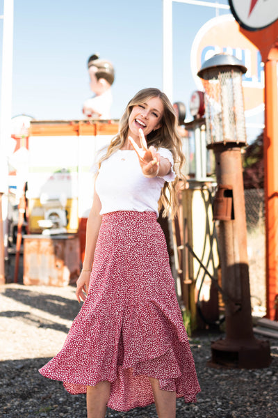 High low red wrap skirt