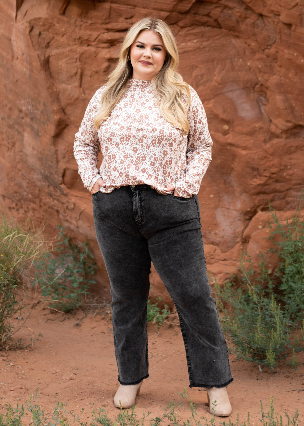 Long sleeve plus size brown floral top