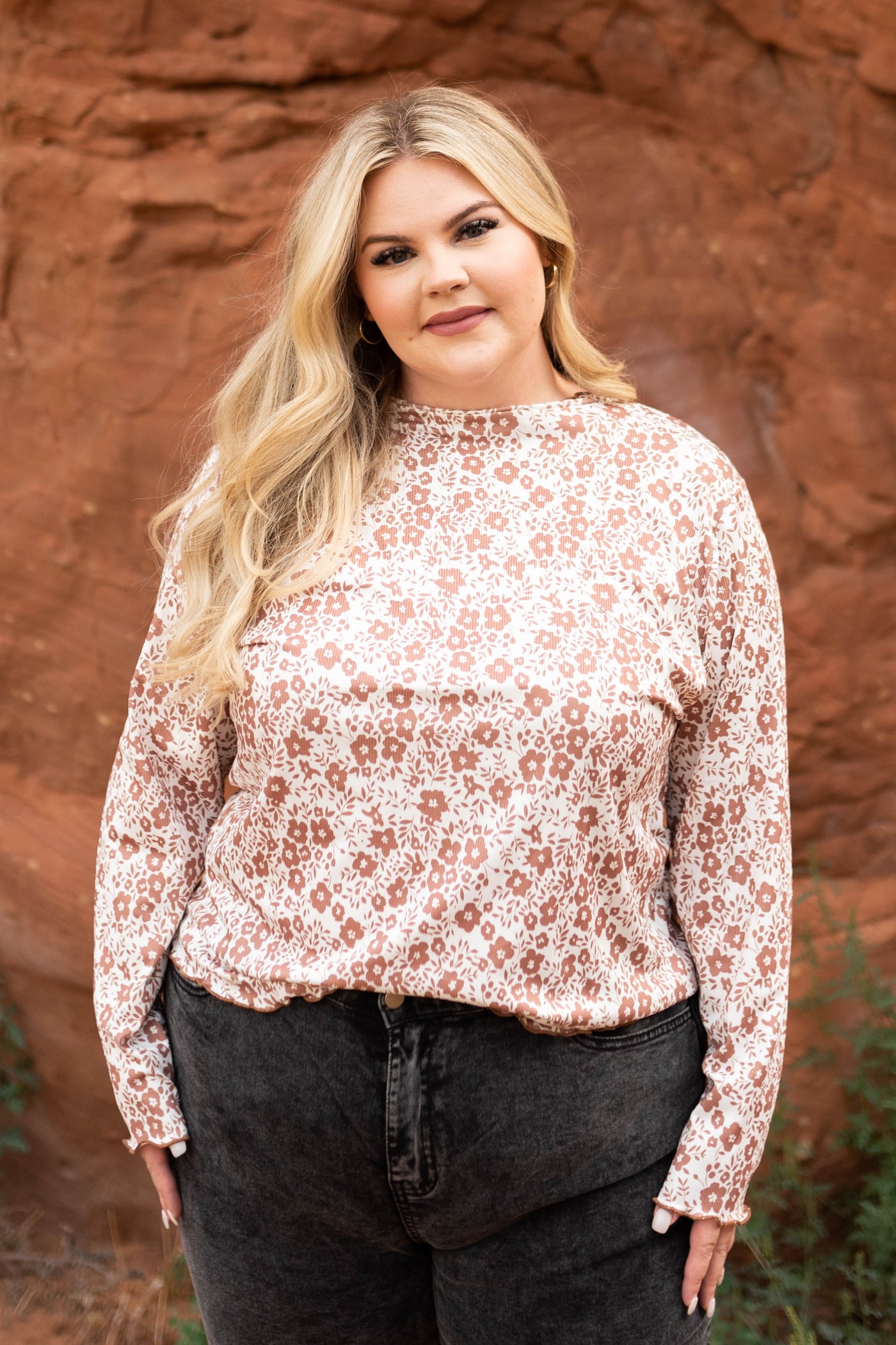 Plus size brown floral top with long sleeves