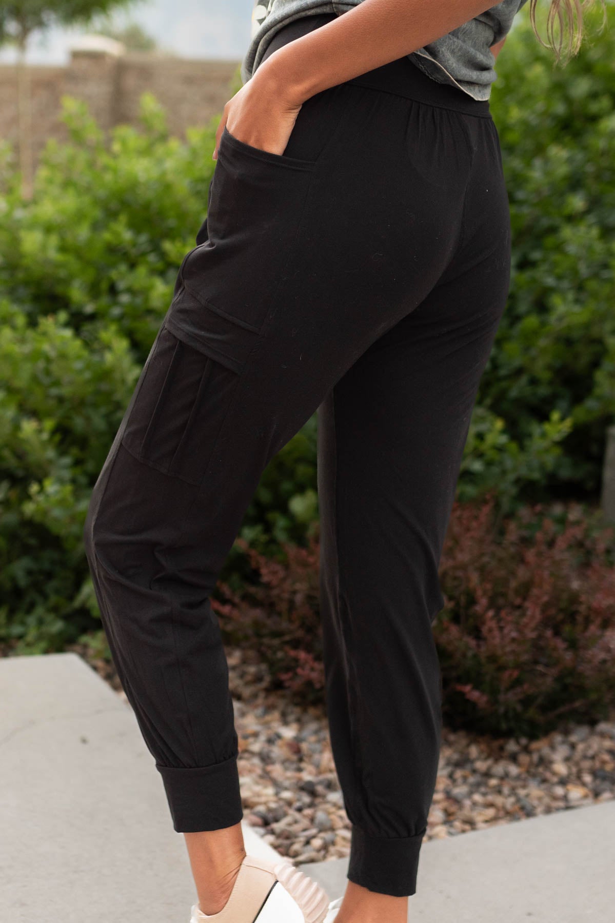 Side view of Charleigh black joggers