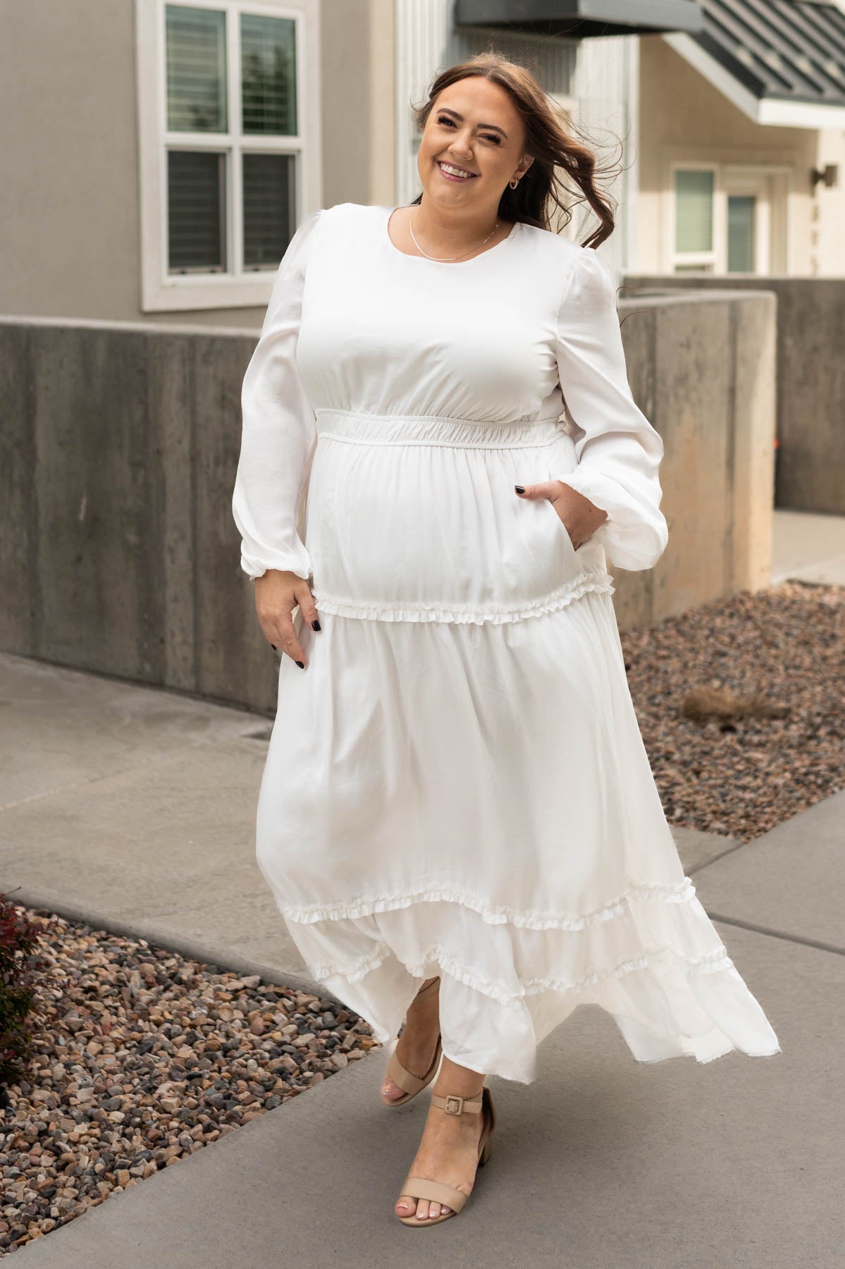 Long sleeve Plus size Chelsea white dress with pockets