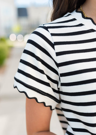 Close up of the sleeve and fabric on the black striped top