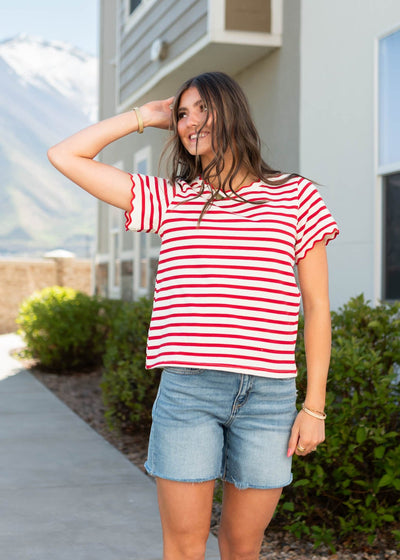 Red striped top with short sleeves