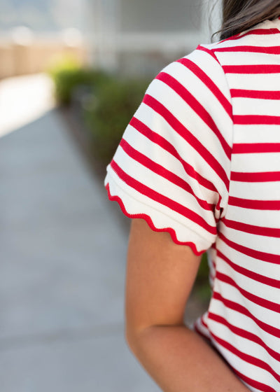 Close up of the fabric and sleeve on the red stripe top