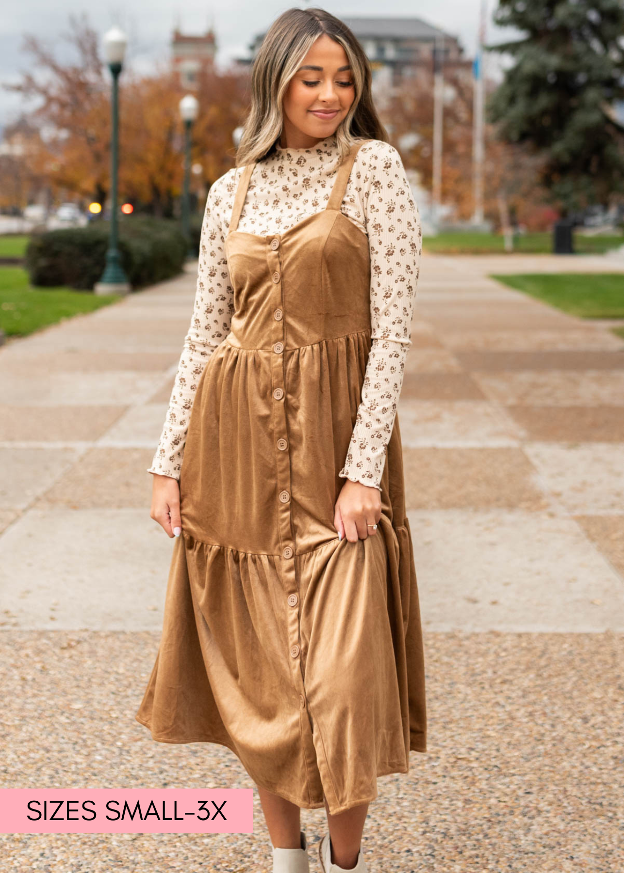Button up camel jumper dress with sweetheart neckline