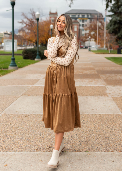 Button up camel jumper dress with tiered skirt
