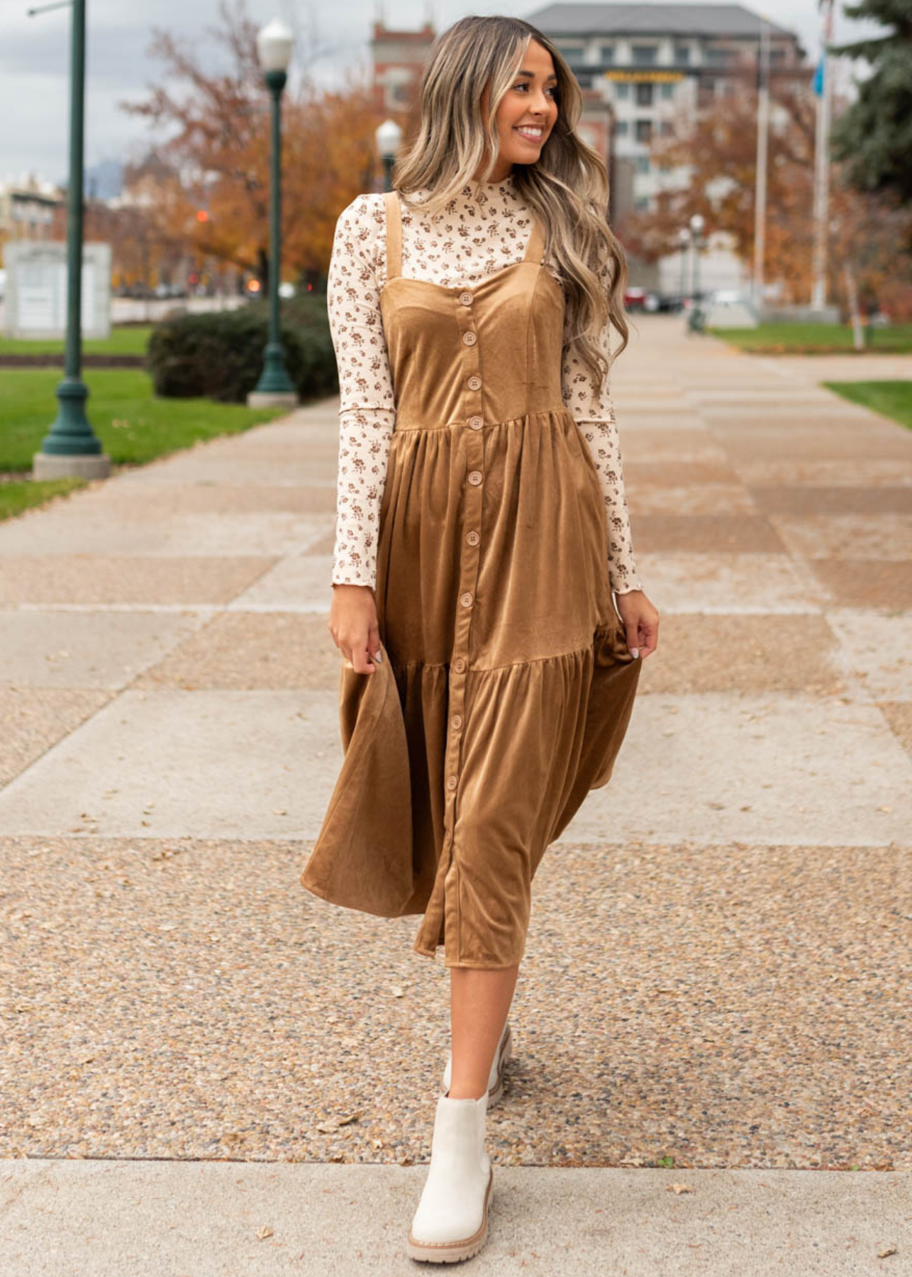 Button up camel jumper dress