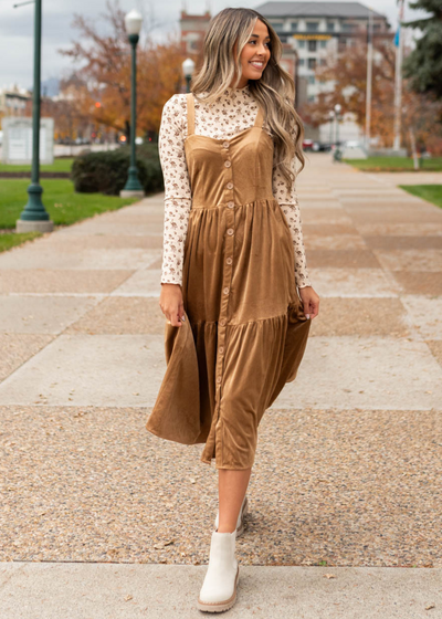 Button up camel jumper dress