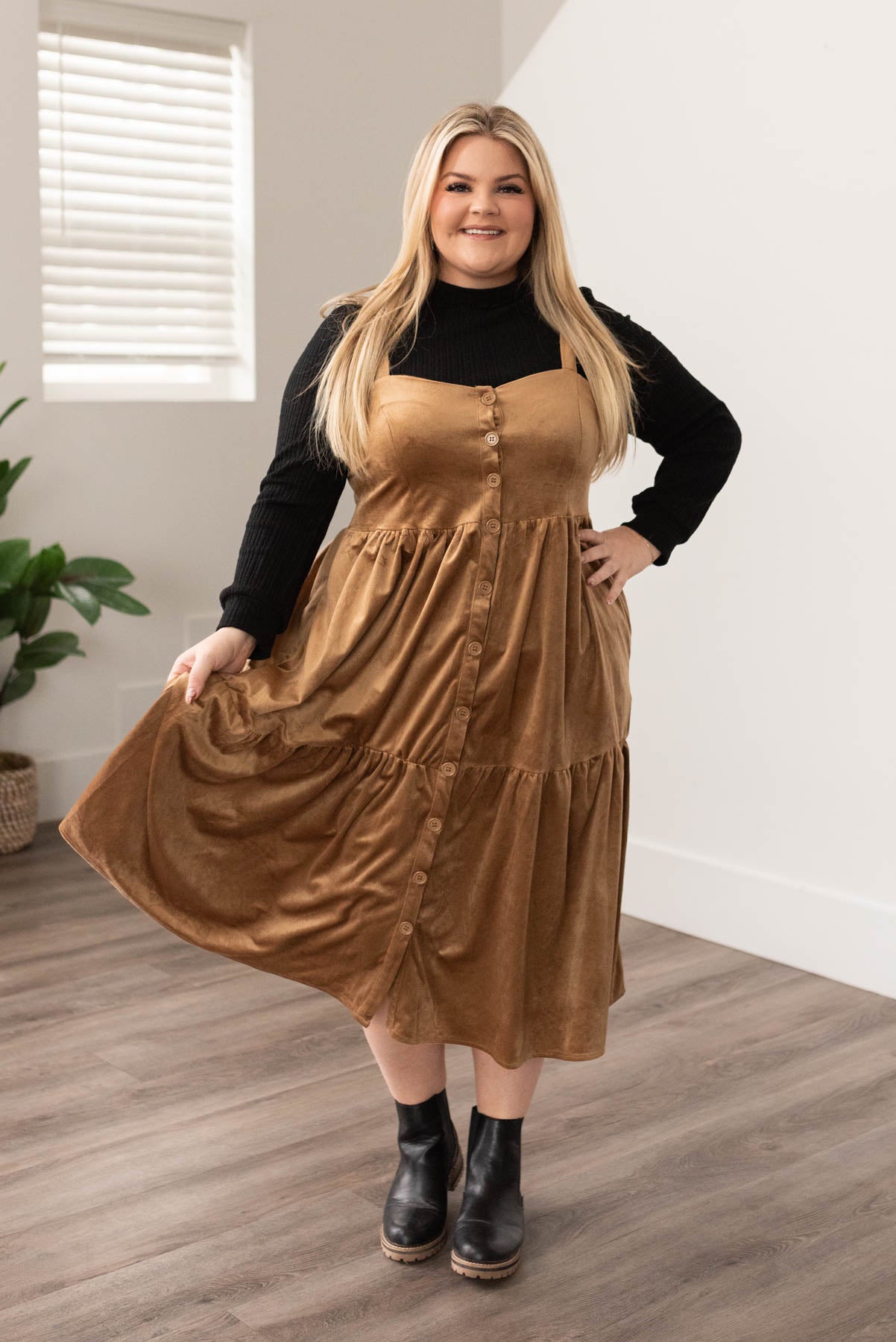 Plus size camel jumper dress with pockets