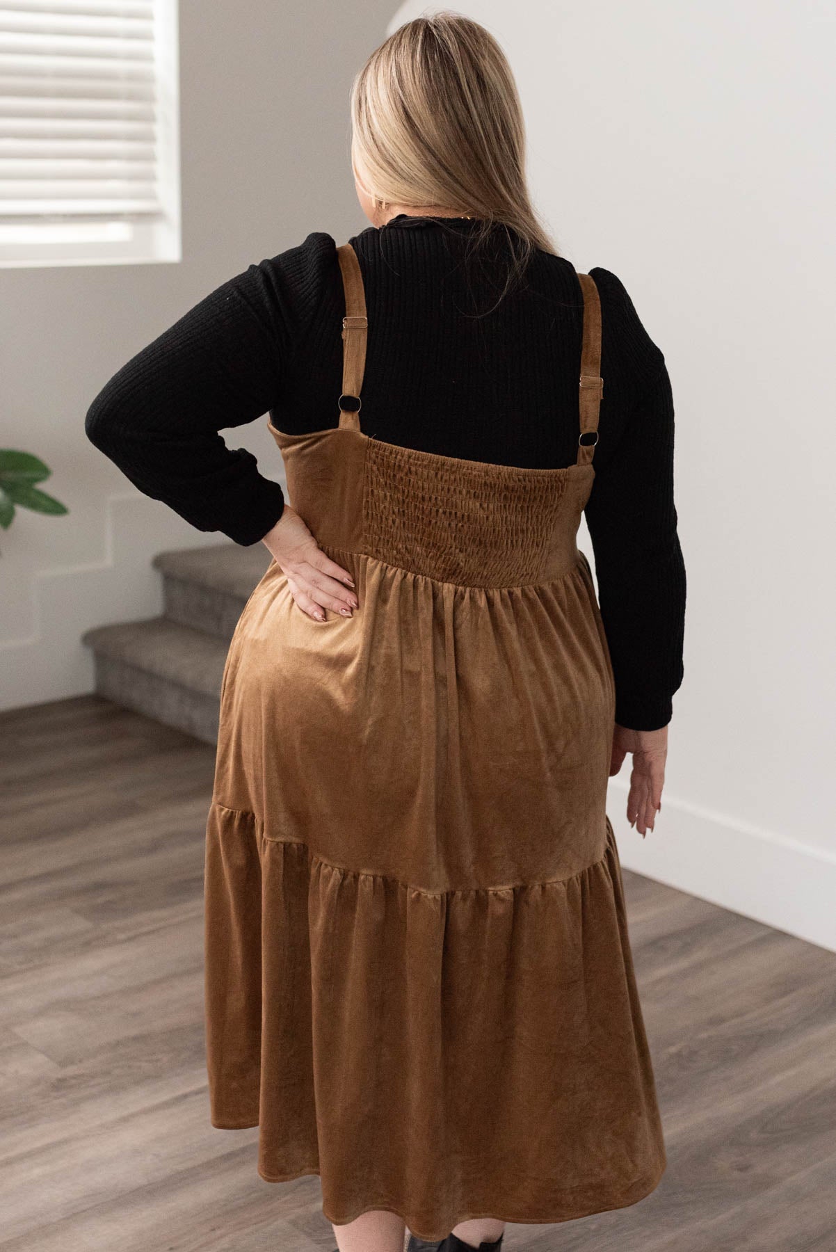 Back view of the plus size camel jumper dress