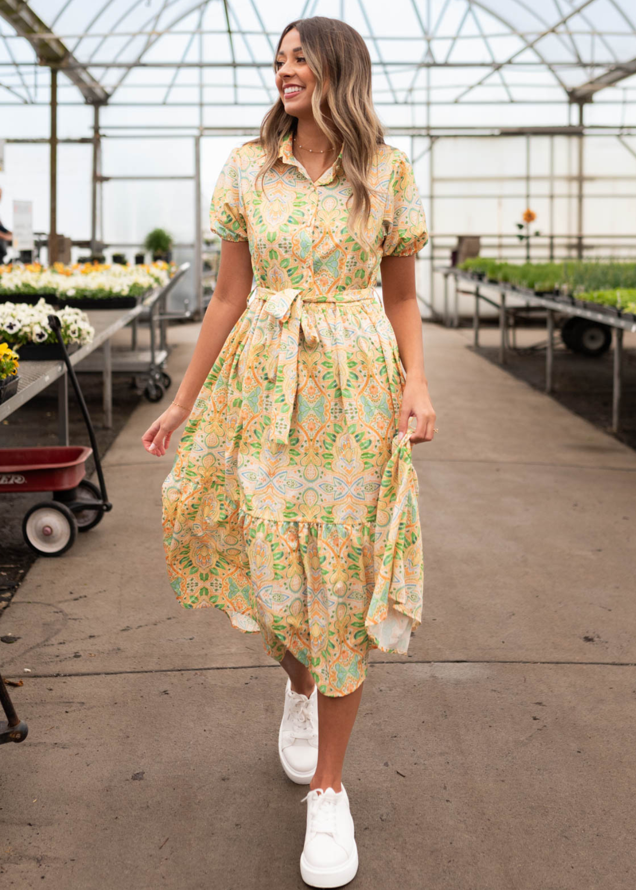 Button bodice green floral dress