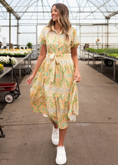 Button bodice green floral dress