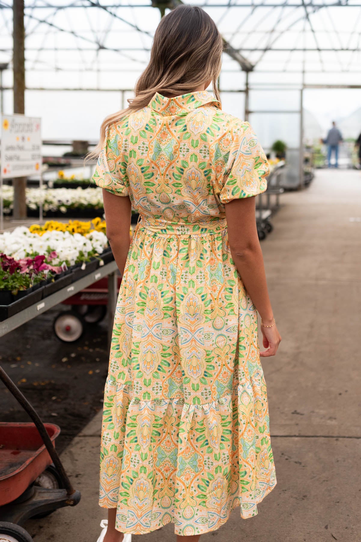 Back view of the green floral dress