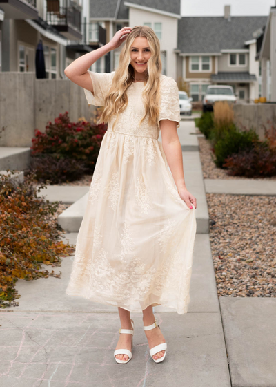 Short sleeve champagne embroidered dress