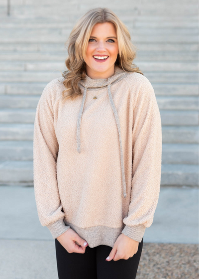 Fuzzy ivory pullover with grey trim