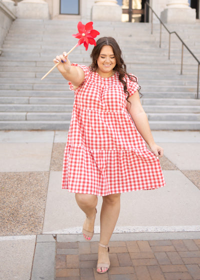 Cap sleeve plus size red gingham dress 