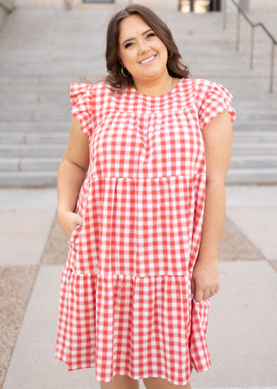Plus size red gingham dress with cap sleeves