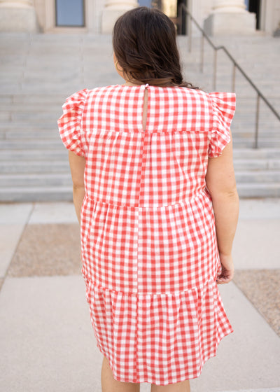 Back view of a red gingham dress