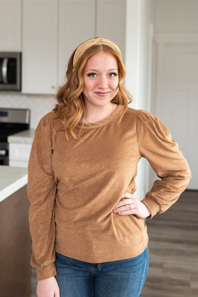 Camel puff sleeve top with long sleeves