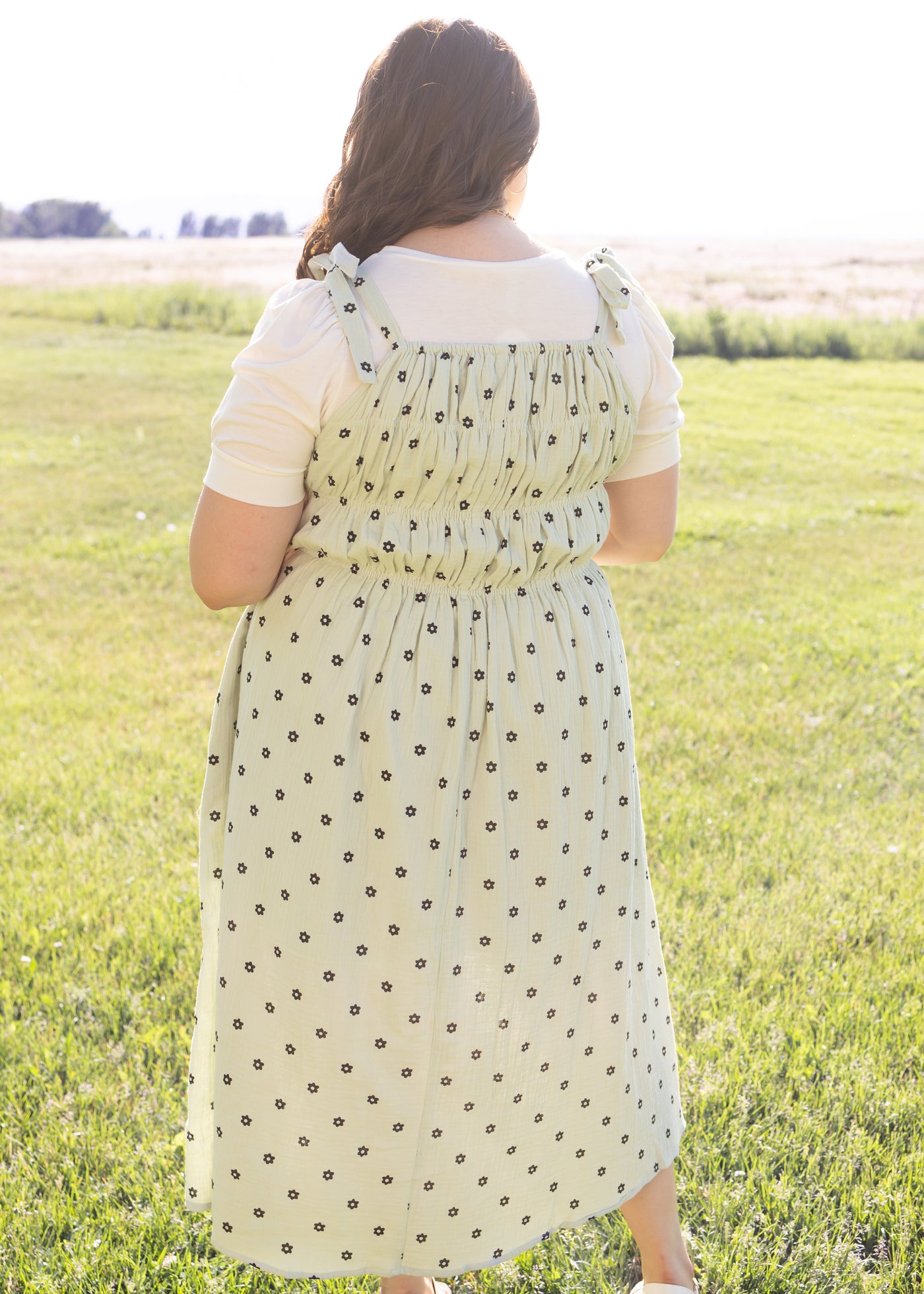 Back view of a plus size mint dress