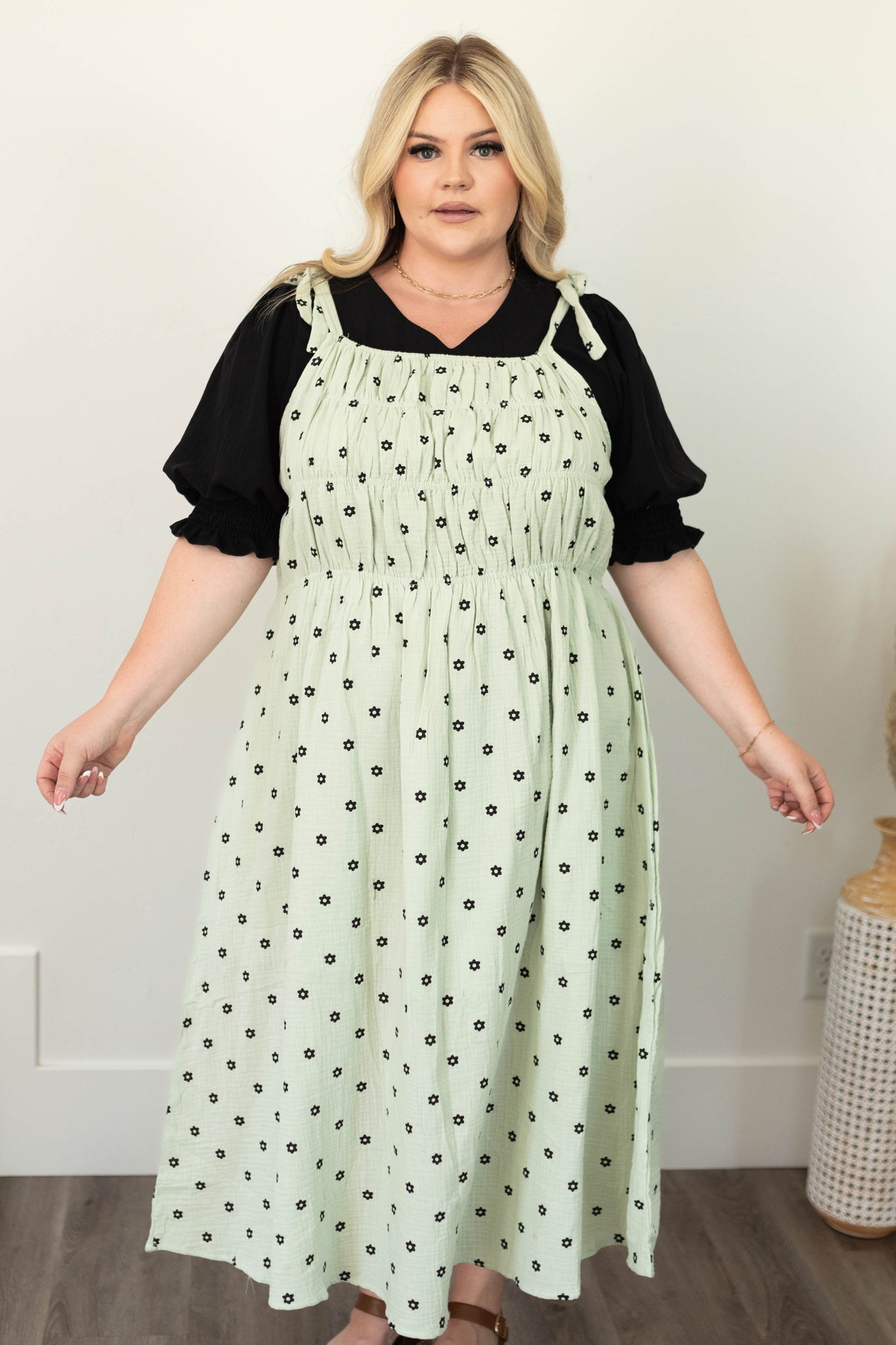 Plus size mint dress with small black flowers