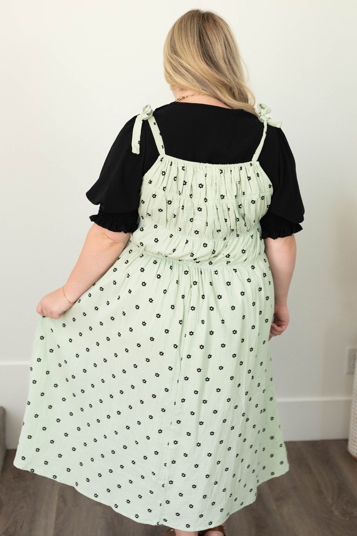 Back view of a plus size mint dress