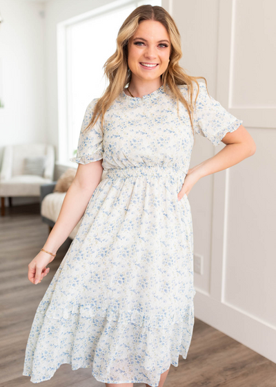 Short sleeve blue ivory floral dress