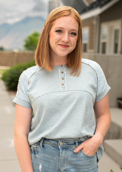 French blue short sleeve top with buttons