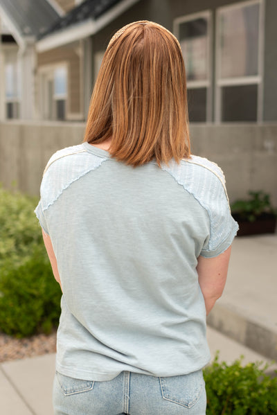 Short sleeve french blue top with patch work