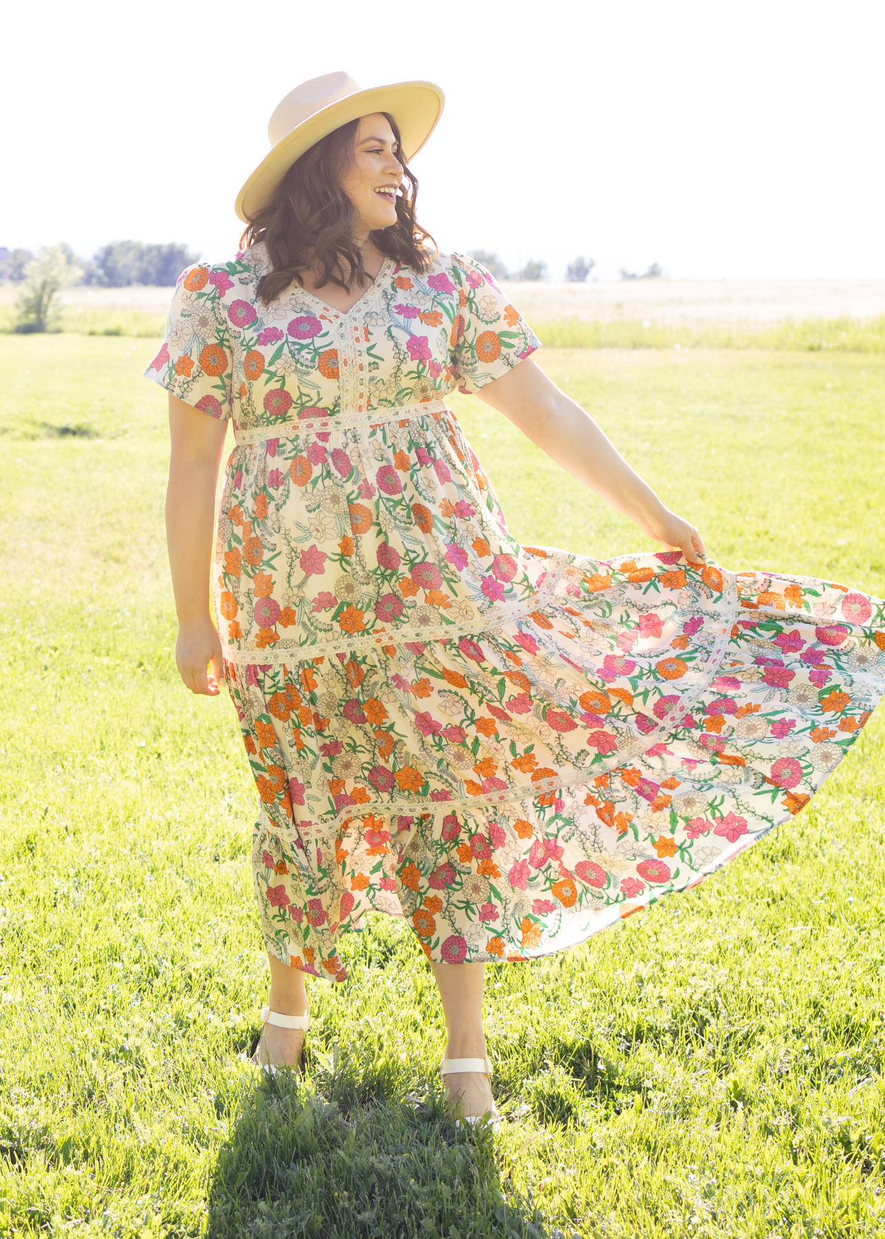 Short sleeve plus size tan floral dress with lace
