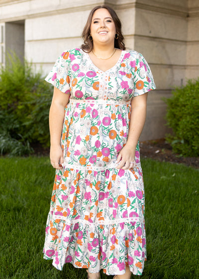 Plus size tan floral dress with short sleeves
