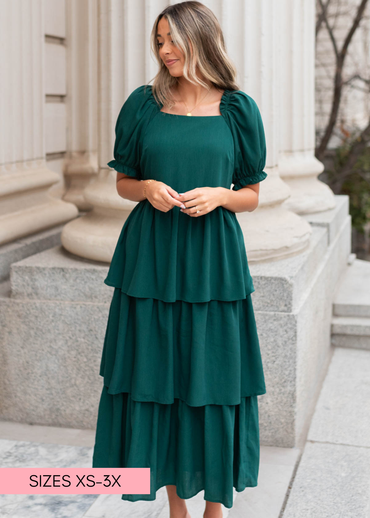 Green ruffle tiered dress with short sleeves