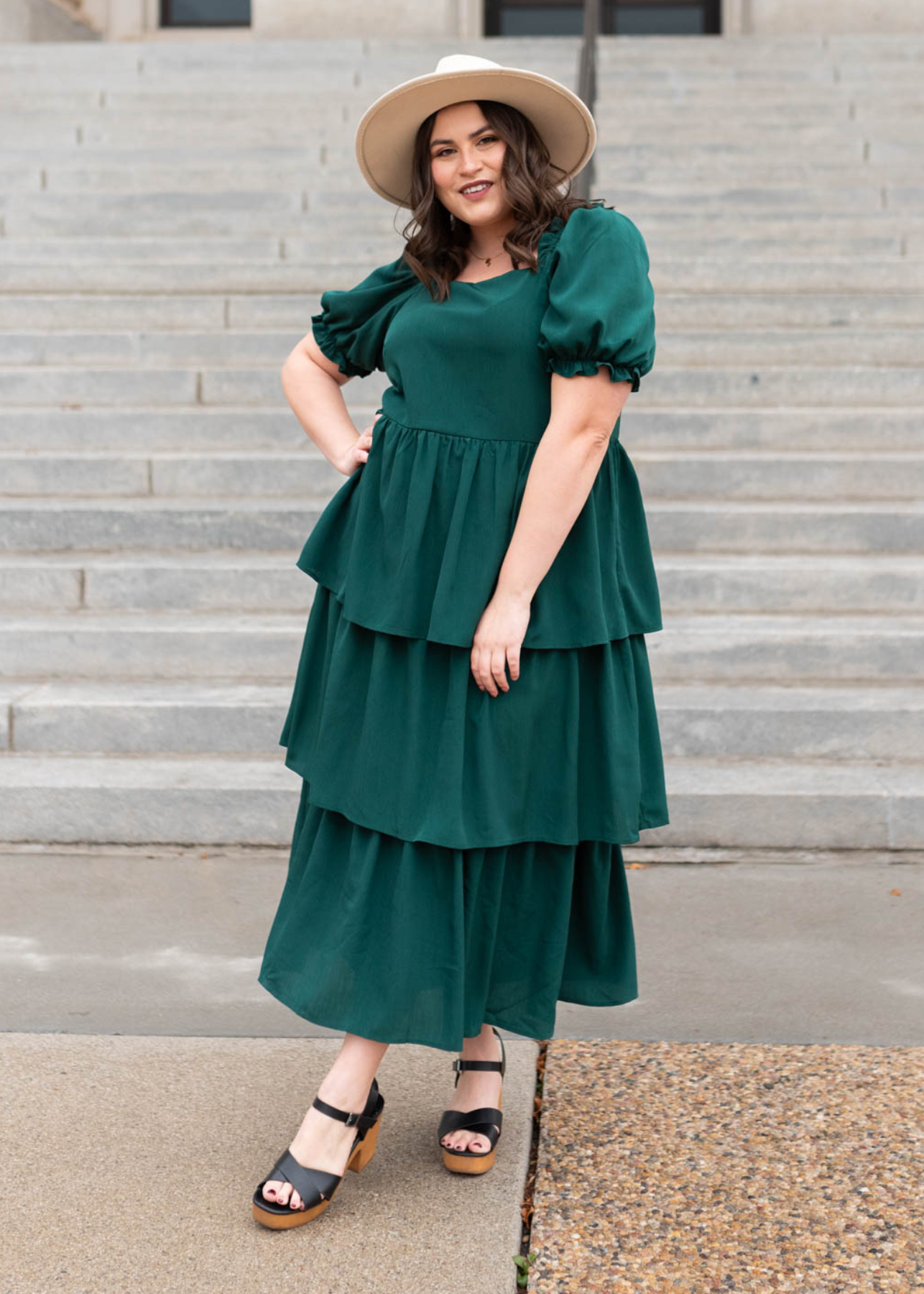 Green ruffle tiered dress with short sleeves