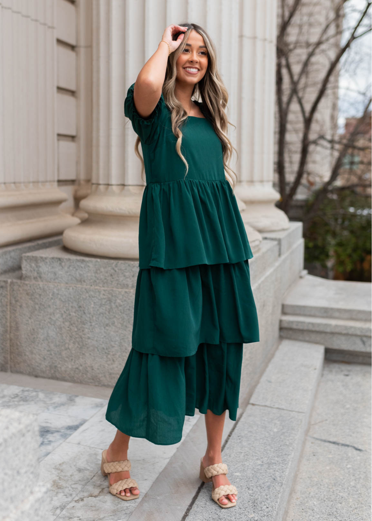 Short sleeve green ruffle tiered dress