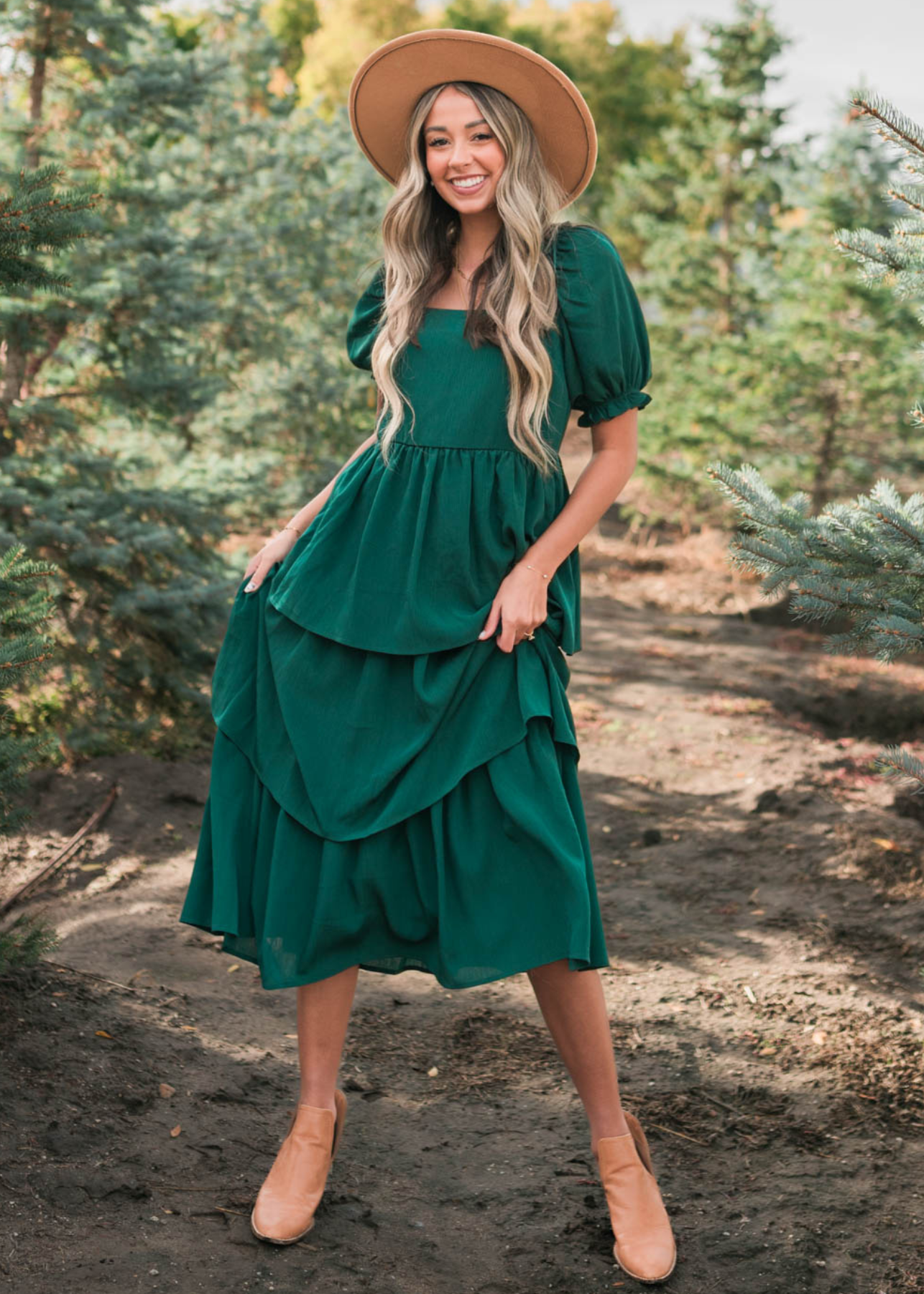Green ruffle tiered dress with short full sleeves