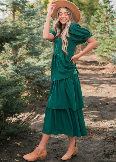 Side view of a green ruffle tiered dress