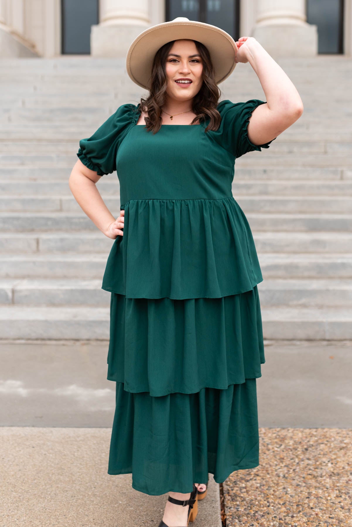 Plus size green ruffle tiered dress with square neck