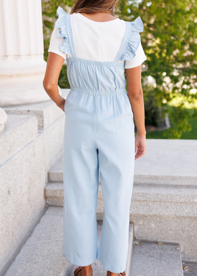 Back view of the denim jumpsuit