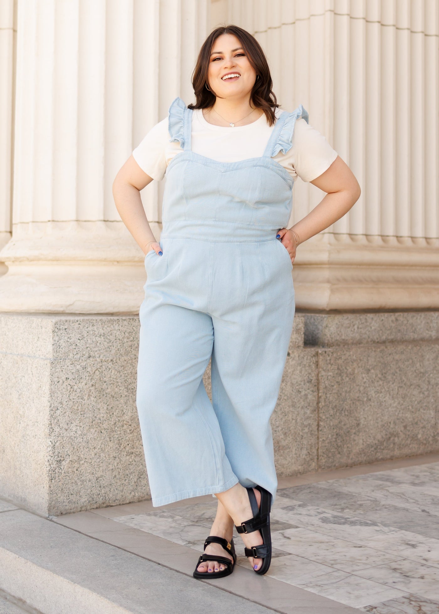 Ruffle strap plus size denim jumpsuit