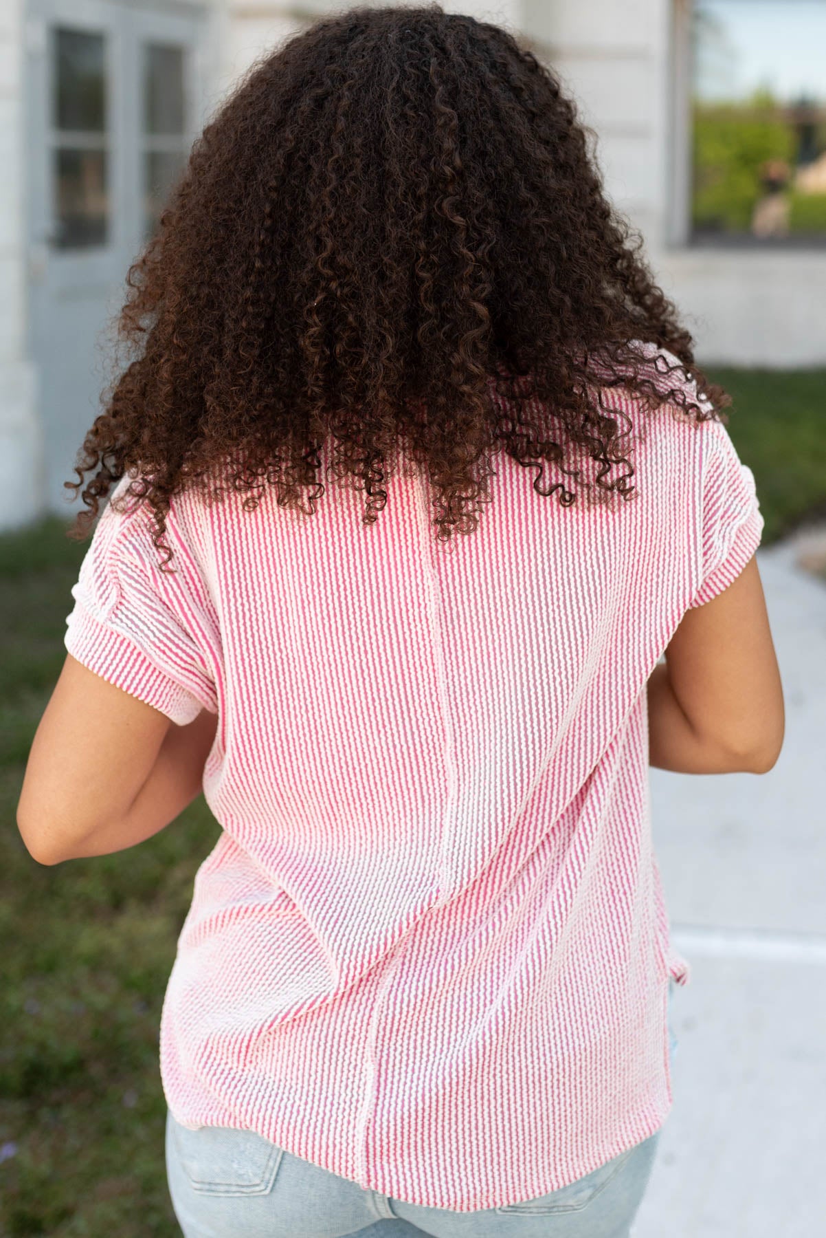 Back view of the pink ribbed top