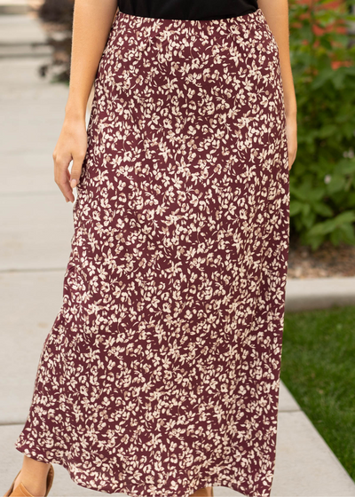 Close up of a merlot floral skirt