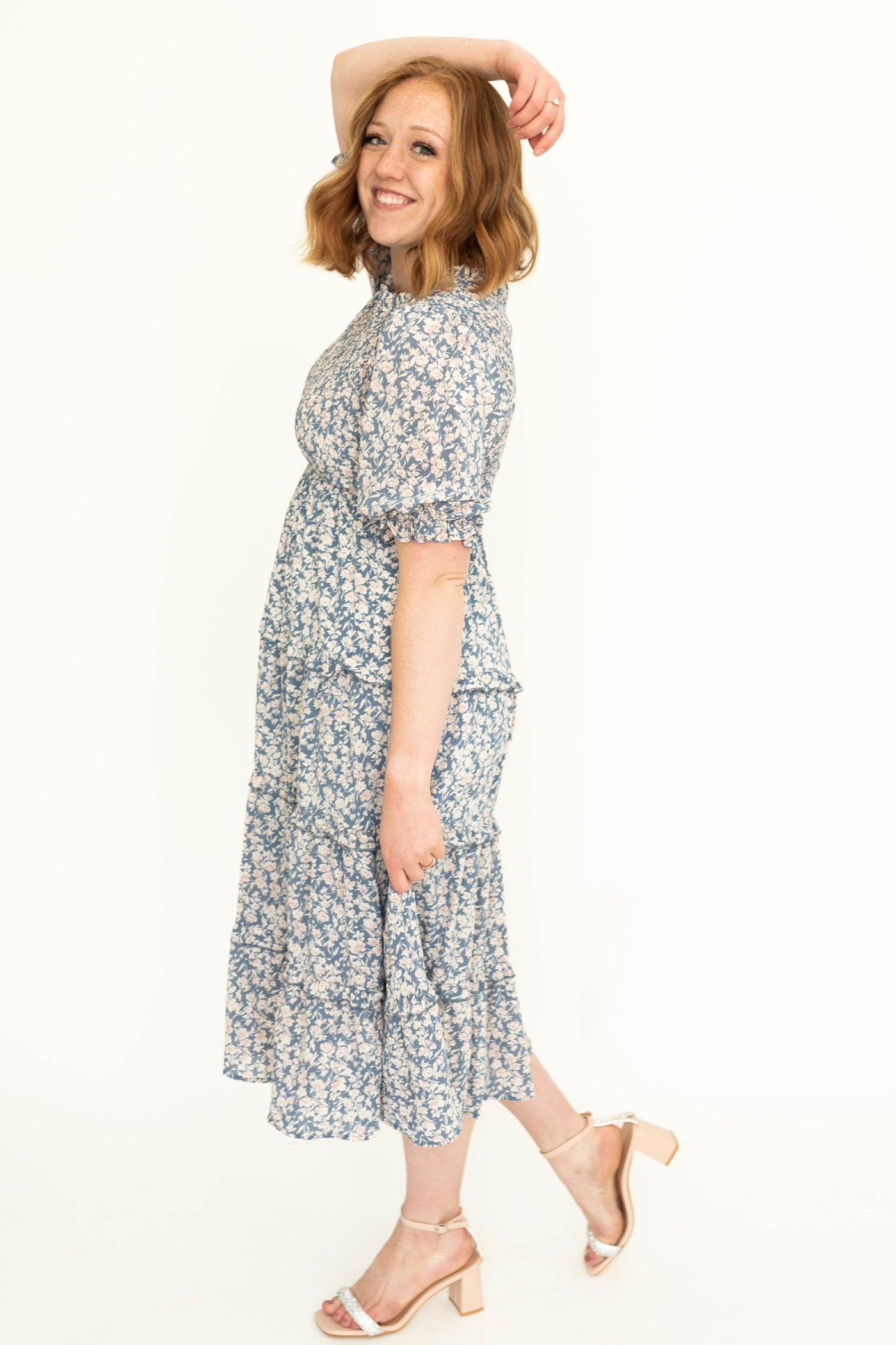 Short sleeve blue floral dress with tiered skirt