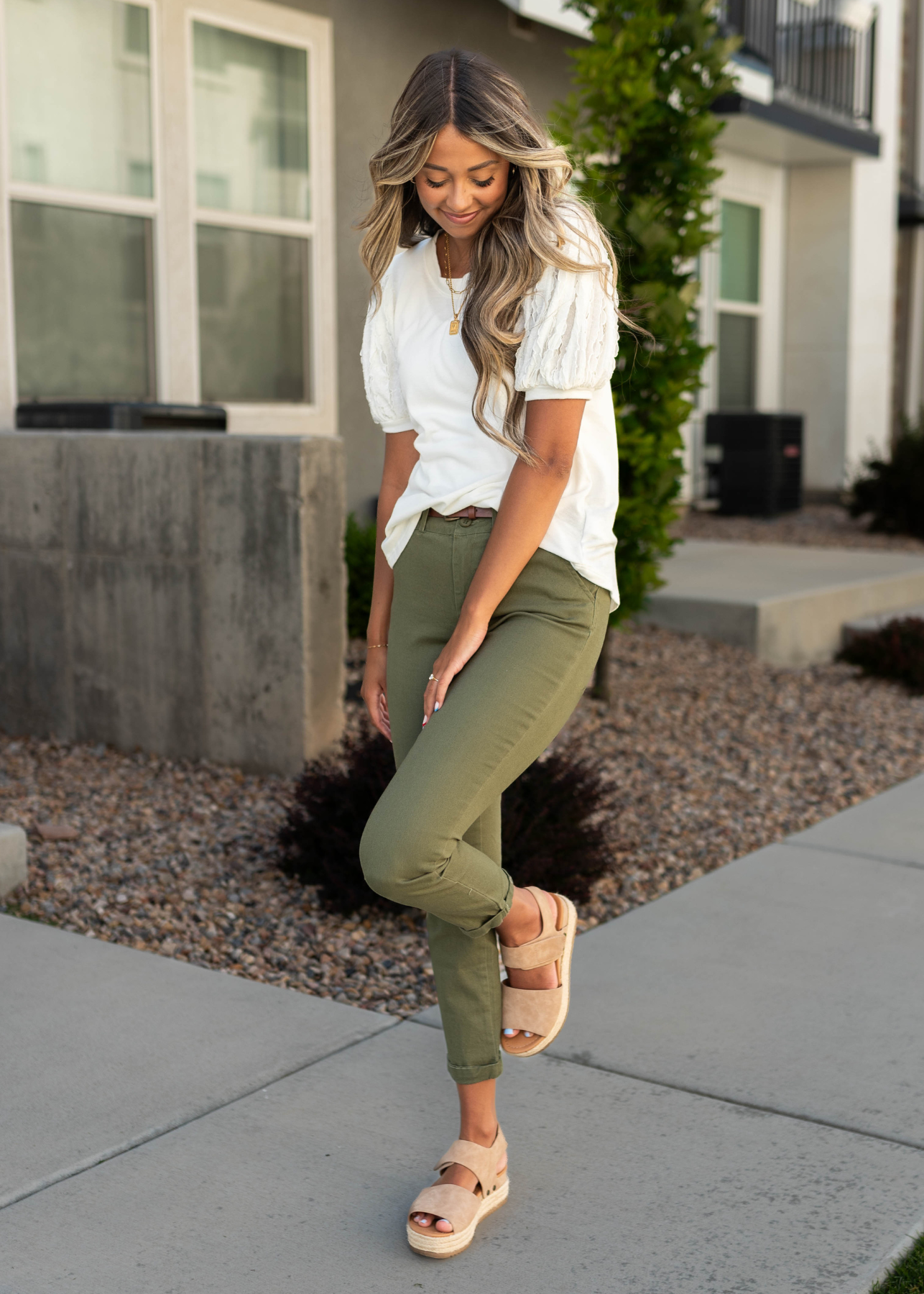 Olive pants with white top