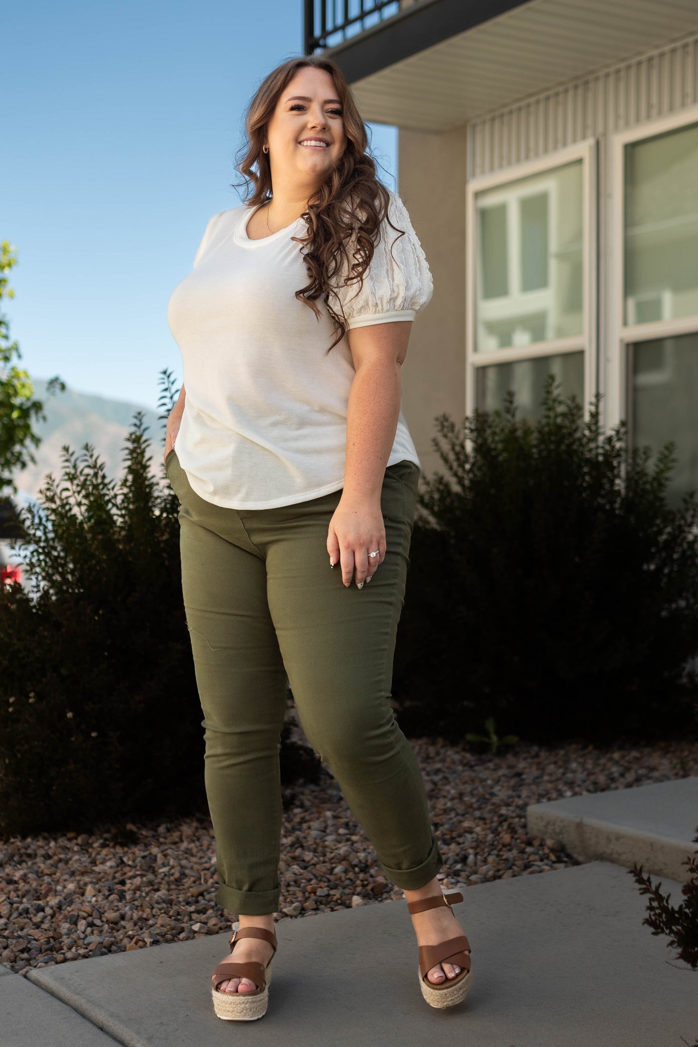 Plus size olive pant with rolled cuffs