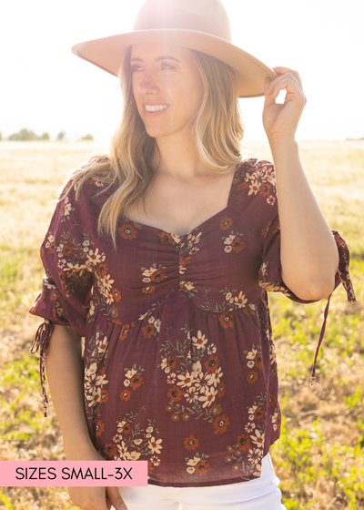 Short sleeve plum floral top